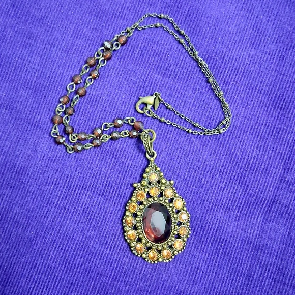 Vintage Avon Victorian Revival Necklace Honey Amber Toned Stone Teardrop Beaded - Picture 15 of 17